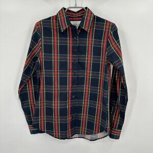 Rochelle Behrens Tartan Plaid Icon Shirt sz XS Long Sleeve Button Down Navy/Red